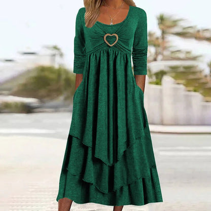 Bestseller🏆👗 Tiered Midi Dress with Heart Accent – Flattering A-Line & Breezy Fabric for Travel or Gatherings