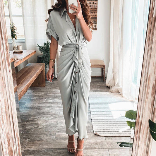 🔥2026 Summer New-❤️ Women Satin Button Shirt Dress