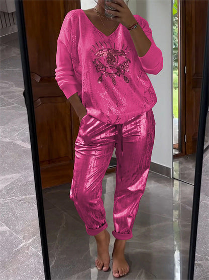 🌷LAST DAY SALE 49% OFF💝Devil's Eye Gold Foil Top and Sequin Pants Set