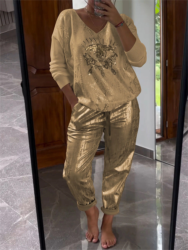🌷LAST DAY SALE 49% OFF💝Devil's Eye Gold Foil Top and Sequin Pants Set