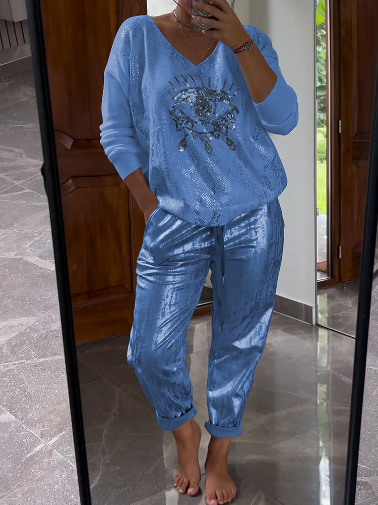 🌷LAST DAY SALE 49% OFF💝Devil's Eye Gold Foil Top and Sequin Pants Set