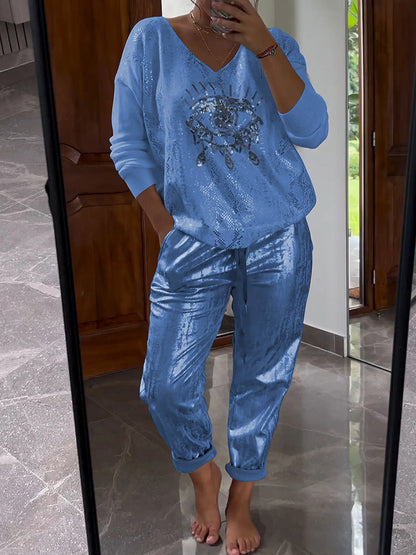 🌷LAST DAY SALE 49% OFF💝Devil's Eye Gold Foil Top and Sequin Pants Set