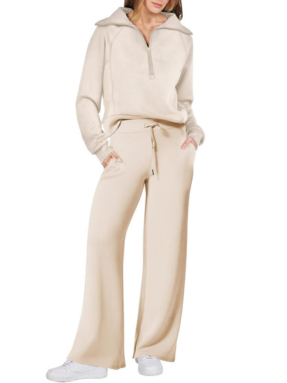 💝🔥Limited Time Sale-50% OFF🔥🎀Women's Oversized Half Zip Wide Leg 2 Piece Outfits Lounge Set