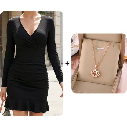 🔥Limited-time offer-Long Sleeve V-Neck Ruched Bodycon Mini Dress