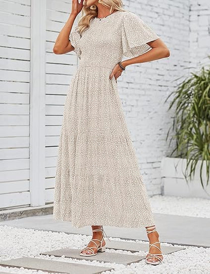 ⏰Hot Sale 49% Off👗Women's Casual Floral Print Short Flutter Sleeve Smocked High Waist Flowy Maxi Dress