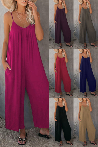 Clearance Sale! 🌸 Loose Sleeveless Wide-Leg Jumpsuit with Pockets - Stretchy & Flowy