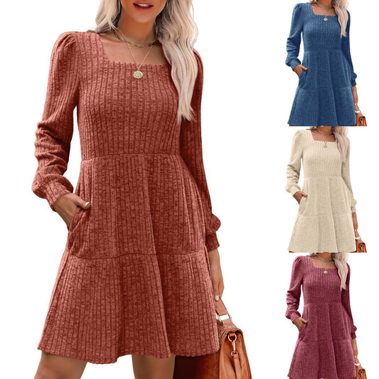 🍂2025 Autumn New Style 49% OFF⏰Women's Square Neck Lantern Sleeve Ribbed Dress