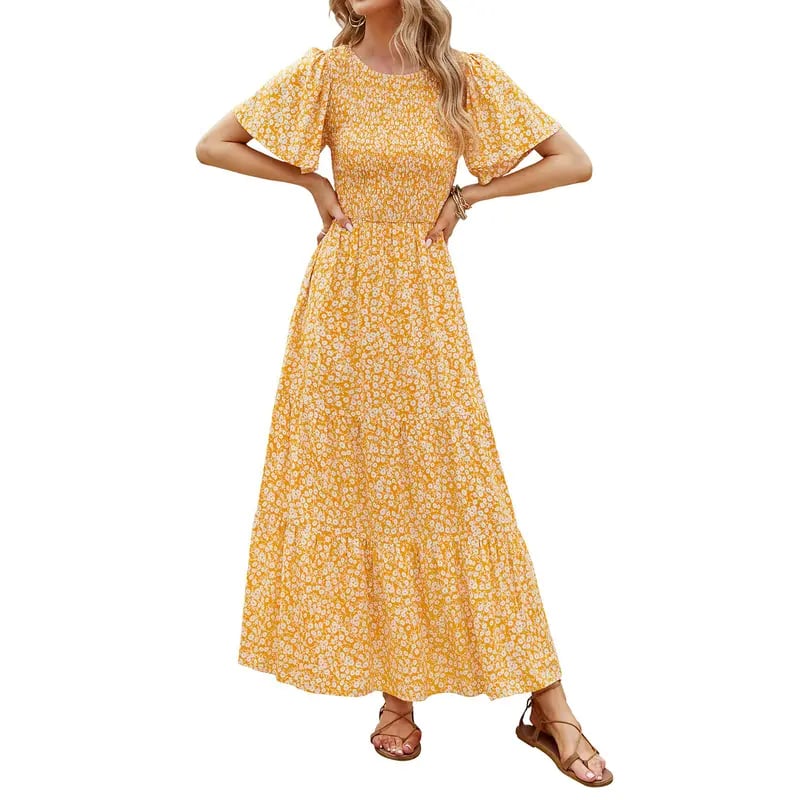 ⏰Hot Sale 49% Off👗Women's Casual Floral Print Short Flutter Sleeve Smocked High Waist Flowy Maxi Dress