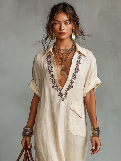 🔥New Arrivals & Special Offers-Women's Minimalist Linen Blend Embroidered Short-sleeved Shirt Maxi Dress