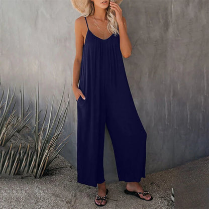 Clearance Sale! 🌸 Loose Sleeveless Wide-Leg Jumpsuit with Pockets - Stretchy & Flowy