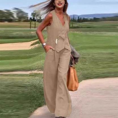 ✨New products on offer ✨Solid Color Button Down Vest and Wide Leg Pants 2 Piece Set for Women