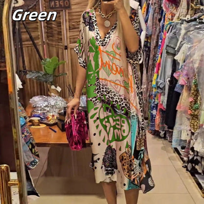 🎉2025 New Products Hot Sale✨Women’s Deep V-Neck Short Sleeve Printed Dress
