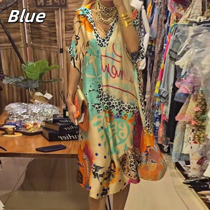 🎉2025 New Products Hot Sale✨Women’s Deep V-Neck Short Sleeve Printed Dress