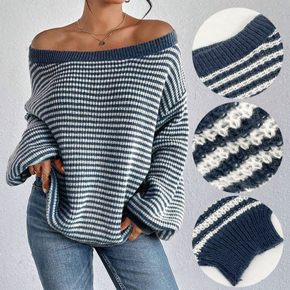 Women's Loose-Fit Off-Shoulder Striped Knit Sweater