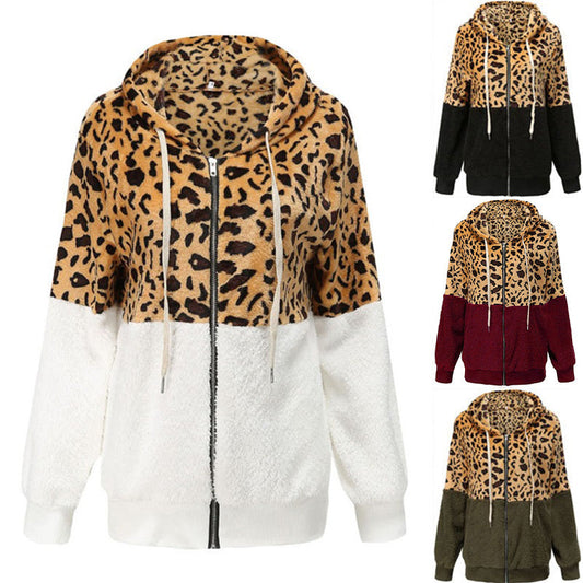 Thickened Hooded Jacket with Leopard Print Pattern