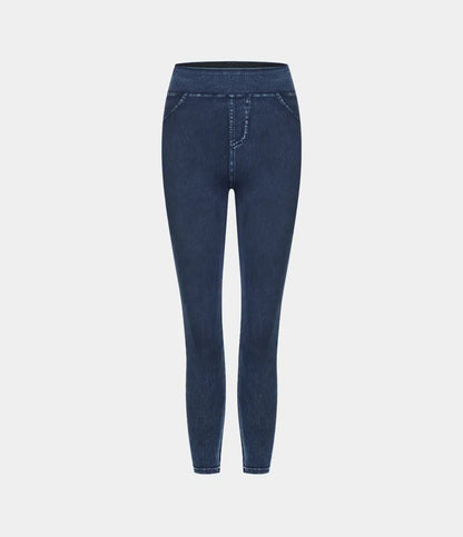 High Waisted Back Side Pocket Stretchy Knit Denim Casual Leggings