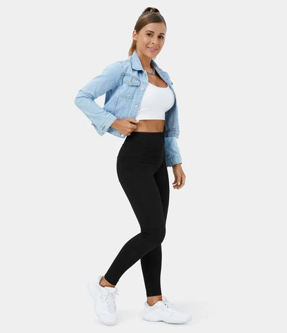 High Waisted Back Side Pocket Stretchy Knit Denim Casual Leggings