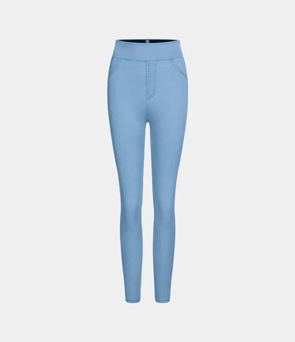 High Waisted Back Side Pocket Stretchy Knit Denim Casual Leggings