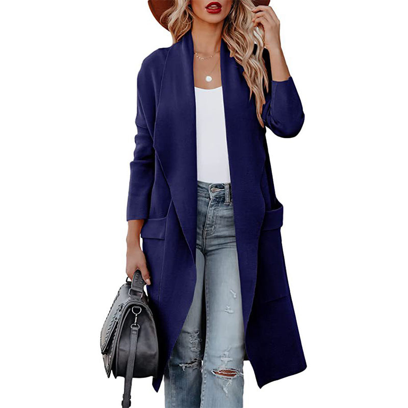 Women's Open Front Lapel Long Trench Coat