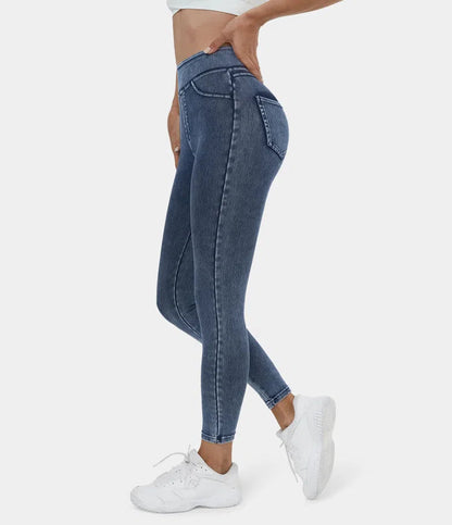 High Waisted Back Side Pocket Stretchy Knit Denim Casual Leggings