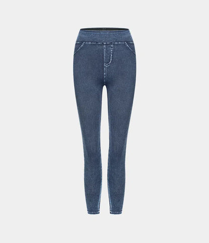 High Waisted Back Side Pocket Stretchy Knit Denim Casual Leggings