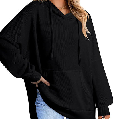 Women's Casual Long Sleeve Waffle Knit Hoodie with Side Slits