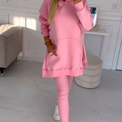 🎁HOT SALE🎁Women's Fashion Solid Color Hoodie And Lined Leggings Two-Piece Set