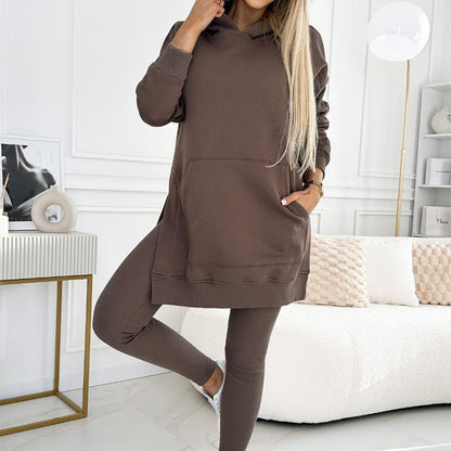 🎁HOT SALE🎁Women's Fashion Solid Color Hoodie And Lined Leggings Two-Piece Set