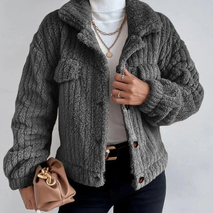 Women's Lapel Button-Down Warm Fuzzy Cropped Coat