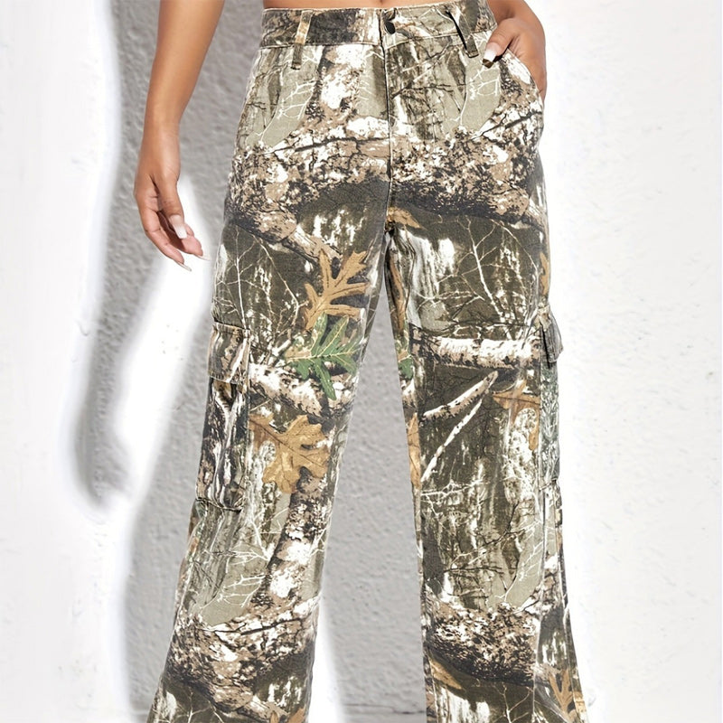 Women's Printed Straight-Leg Cargo Pants with Pockets