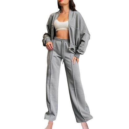 ✨ Chic Autumn/Winter Solid Zip-Up Hoodie & Straight Pants Set (top + trousers) 🍂💖