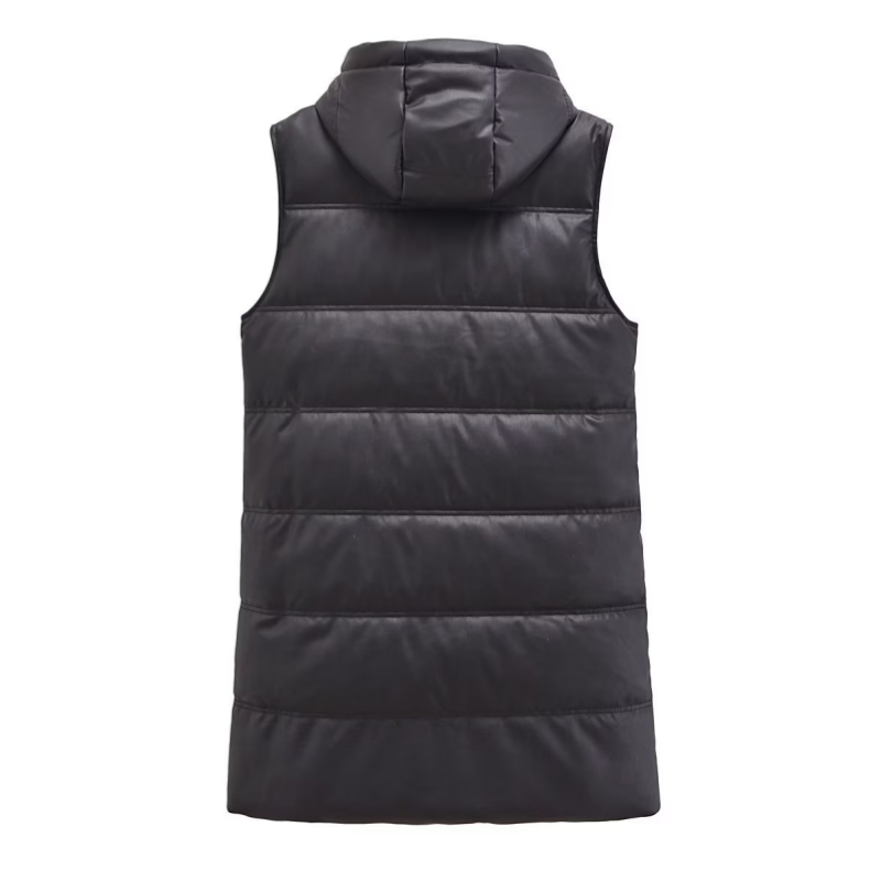 Warm PU Leather Long Hooded Vest