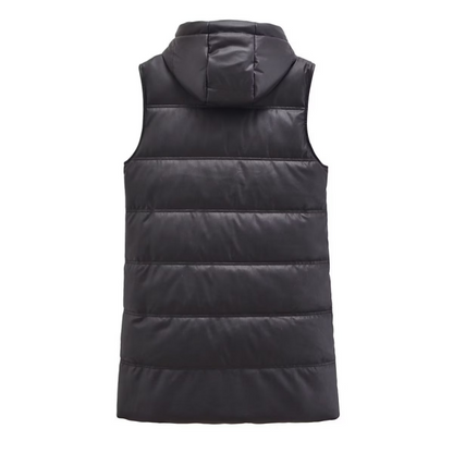Warm PU Leather Long Hooded Vest