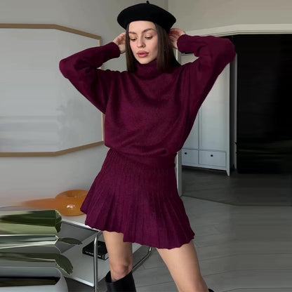 Solid Color Knit Turtleneck Top & Pleated Skirt Set