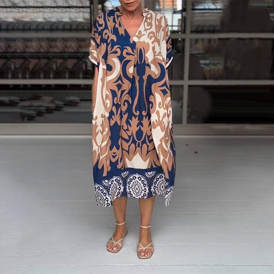 🌺2025 Latest Fashion🔥Printed V Neck Loose Midi Dress