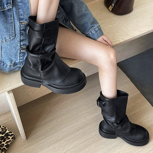 Vintage Mid-Calf Pleated Chunky Heel Boots