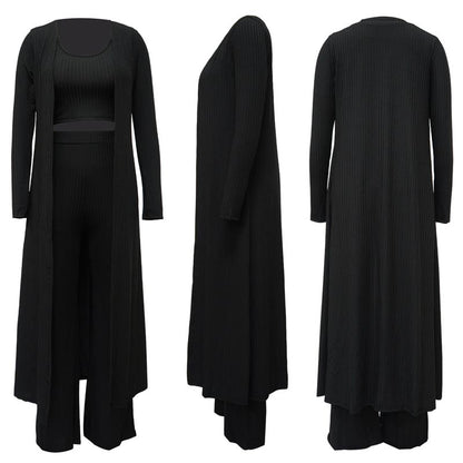 Women’s Stretch Knitted Tank Top High-waist Leggings and Long Cardigan 3-piece Set