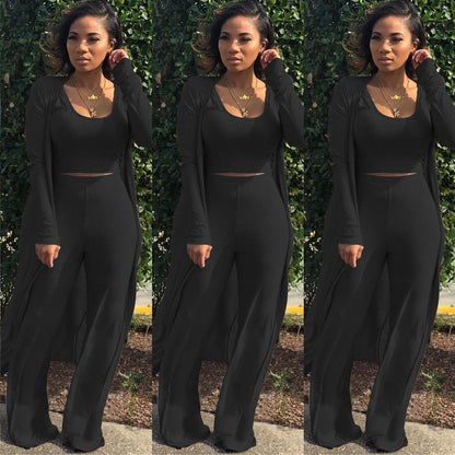 Women’s Stretch Knitted Tank Top High-waist Leggings and Long Cardigan 3-piece Set