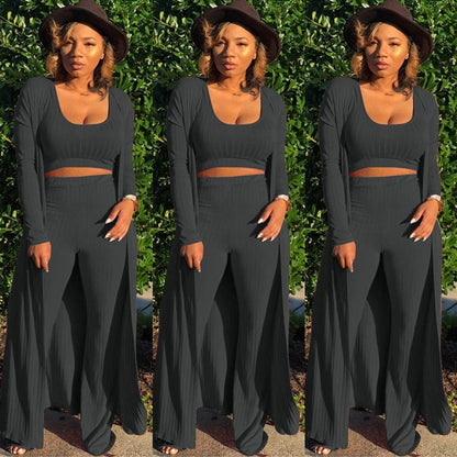 Women’s Stretch Knitted Tank Top High-waist Leggings and Long Cardigan 3-piece Set