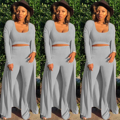 Women’s Stretch Knitted Tank Top High-waist Leggings and Long Cardigan 3-piece Set