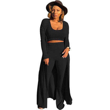 Women’s Stretch Knitted Tank Top High-waist Leggings and Long Cardigan 3-piece Set