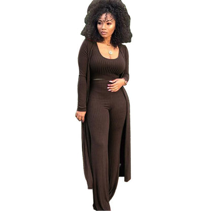 Women’s Stretch Knitted Tank Top High-waist Leggings and Long Cardigan 3-piece Set
