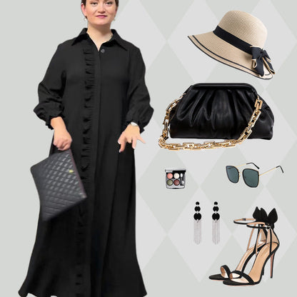 Women's Elegant Long Sleeve Ruffle Trim Maxi Dress
