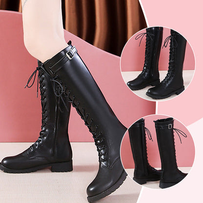 Women's Lace Up Chunky Heel Knee-High Boots