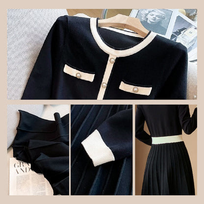 Women's Elegant Pleated Contrast Color Dress