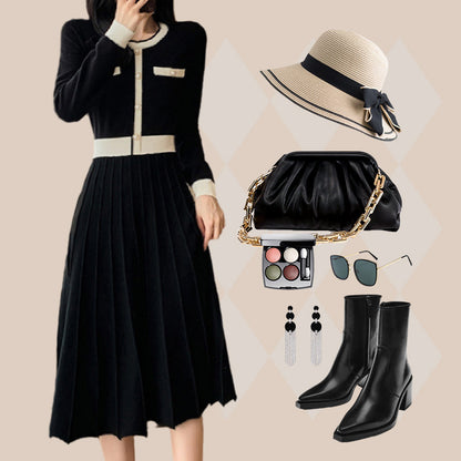 Women's Elegant Pleated Contrast Color Dress