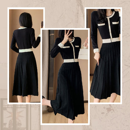 Women's Elegant Pleated Contrast Color Dress