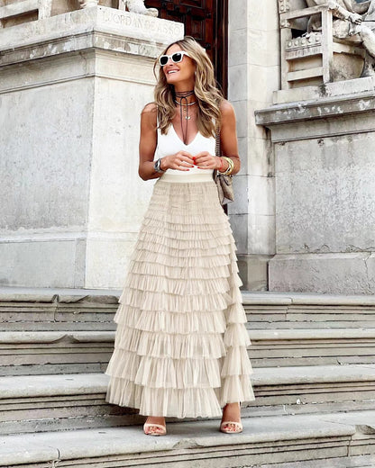Layered maxi tulle dress with elastic waist