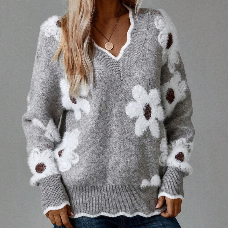 Women's Floral Pattern Scallop Trim Sweater