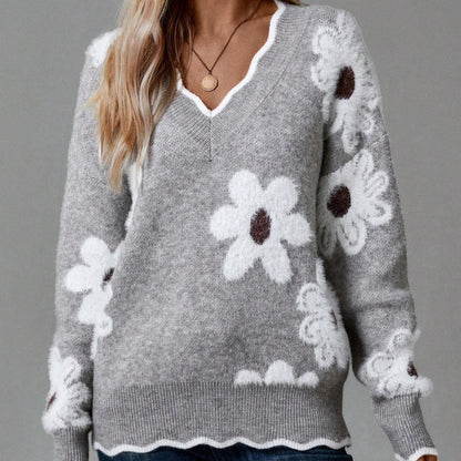 Women's Floral Pattern Scallop Trim Sweater